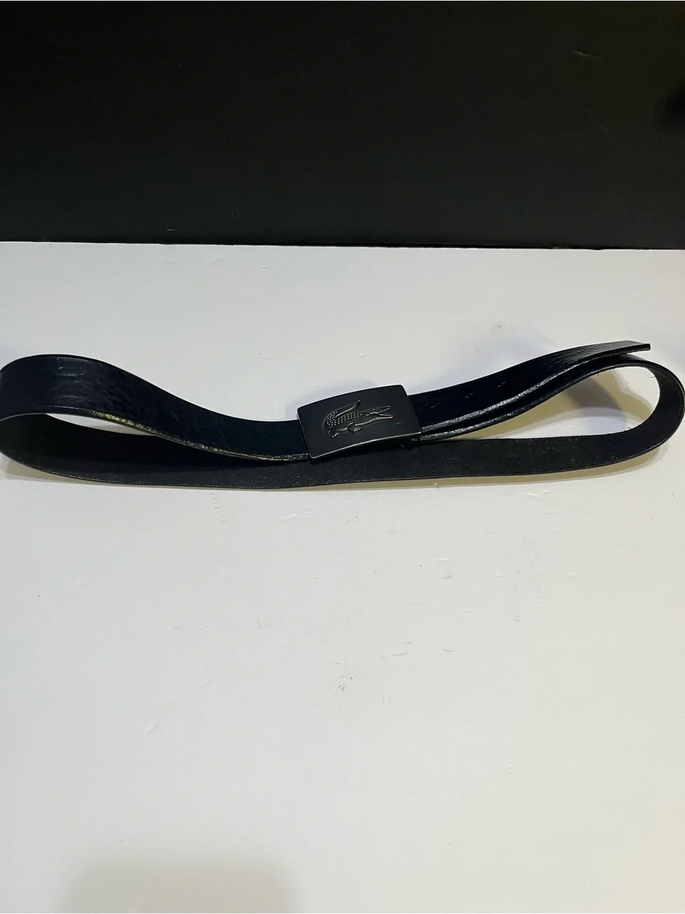 Lacoste Black Leather Belt with Silver Croc Plaque Buckle